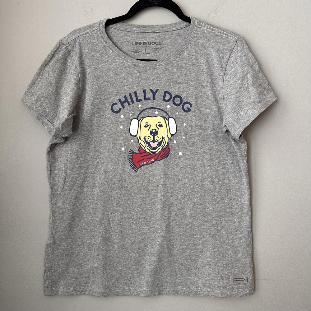 Life Is Good‎ Crusher Shirt Womens Large Gray Chilly Dog Winter Graphic Tee